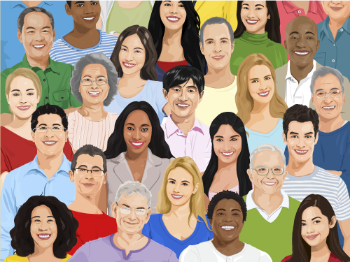 Um mosaico de rostos realistas representando uma multidão diversificada, com diferentes tons de pele, expressões, idades e estilos, destacando a riqueza da diversidade humana