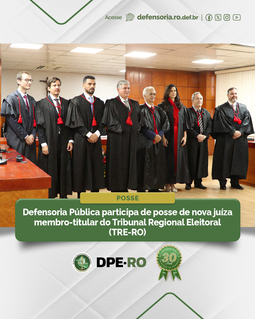 Defensoria Pública participa de posse de nova juíza membro-titular do Tribunal Regional Eleitoral (TRE-RO)