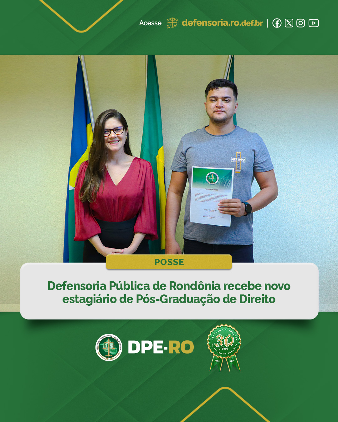 Defensoria Pública de Rondônia recebe novo estagiário de Pós-Graduação de Direito